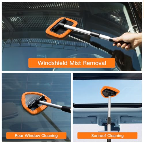 Qydipclin 10pcs Windshield Cleaner Tool, Car Window Cleaning Wash Kit with 4 Reusable Microfiber Pads 1 Spray Bottle and Extendable Handle Auto Glass Wiper Kit, Orange - color: Orange