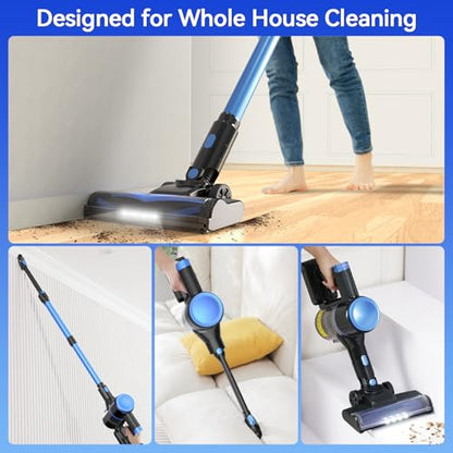 N8 Cordless Vacuum Cleaner,Lightweight Stick Vacuum with Powerful Suction,2200mAh Battery, 40 Mins Runtime,Self-Standing,Rechargeable Vacuum Cleaners for Home Hardwood Floor Carpet Pet Hair (Azure)