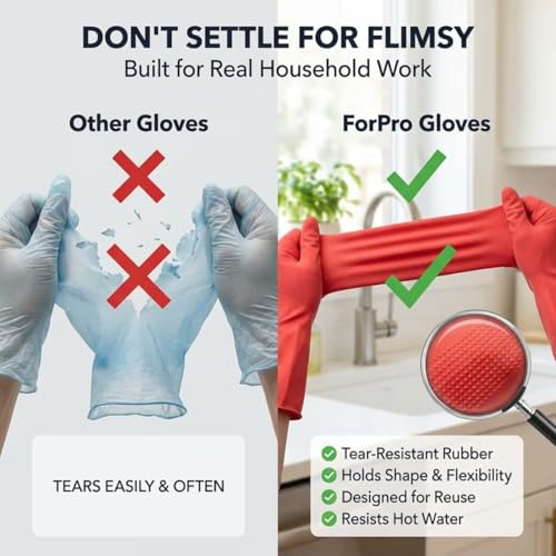 ForPro Natural Rubber Gloves, 6 Pairs Reusable Multi-Purpose Household Cleaning Gloves with Soft Inner Lining, Waterproof & Chemical-Resistant, Wild Cherry, Medium - color: Wild Cherry, size: Medium