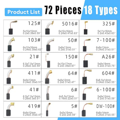 72 PCS Carbon Brushes Set, 18 Sizes Motor Brushes by Size Replacement for Power Tools, Universal Carbon Brush Kit Compatible with Electric Hammer Drills, Angle Grinders, Circular Saws