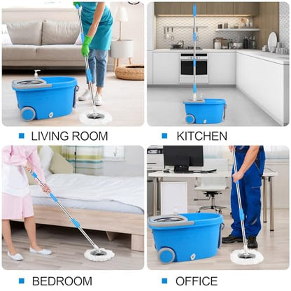 Spin Mop and Bucket with Wringer Set, 3 Washable Microfiber Pads Included for Floor Cleaning, Adjustable Stainless Steel Handle, Easy Moving with Wheels, Blue - color: Blue