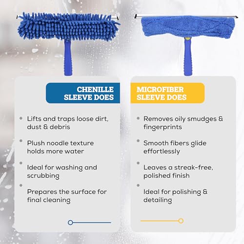Kleen Handler 2-in-1 Window Squeegee with 4–12 ft Telescopic Extension Pole, Window Washing Kit for Home & Commercial Glass Doors, High Windows, 2 Sleeves Included