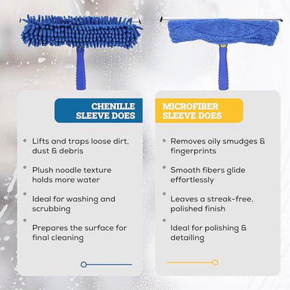 Kleen Handler 2-in-1 Window Squeegee with 4–12 ft Telescopic Extension Pole, Window Washing Kit for Home & Commercial Glass Doors, High Windows, 2 Sleeves Included