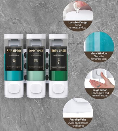 Luxspire Shampoo and Conditioner Dispenser, No Drill Wall Mounted Shower Soap Dispenser 3 Chamber with Waterproof Labels, Easy Refill Soap Dispenser for Bathroom Hotel Kitchen, White - color: White, size: 3 Chamber