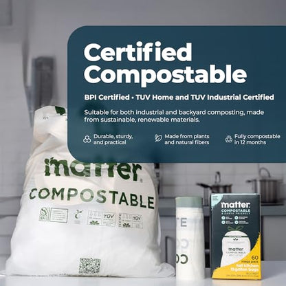 Matter Compostable 13 Gallon Tall Kitchen Trash Bags with Drawstring, Eco-Friendly, Unscented, Durable, Leak-Resistant, 60 Count - style: 13 Gallon Single Pack