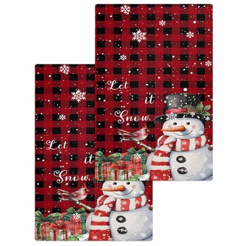 Buffalo Christmas Hand Towels Set, Waffle Weave Kitchen Towels 2 Pieces, Red Snowman Snowflake Microfiber Hair Face Bath Tea Towel Absorbent Quick Drying Cleaning Dish Cloths, 15.7"x23.6" - color: Red Black, size: 2PCS,15.7"x23.6"