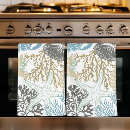 Brown Coastal Kitchen Towels Set of 3, Ultra Absorbent Dish Towels Quick Drying Microfiber Hand Towel Decorative Teal Grey Sea Coral Starfish Nautical Tea Towel Dishcloths for Kitchen Cleaning 18"x28" - color: Blue, Gray, size: 3 Pack