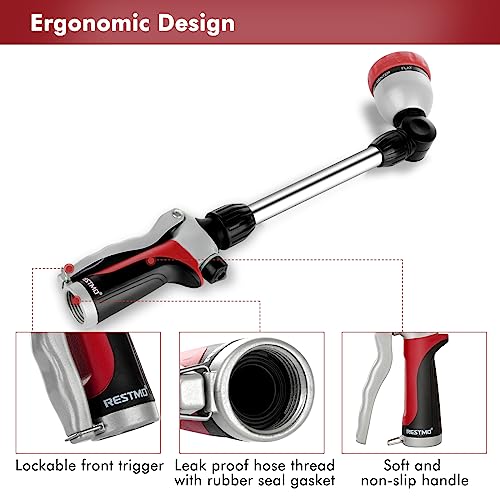 RESTMO Metal Watering Wand, Heavy Duty Garden Hose Wand with 180° Swivel Ratcheting Head, 16'' Hose Nozzle Sprayer with 7 Spray Patterns and Flow Control, for Water Hanging Baskets and Shrubs, Red - color: Red