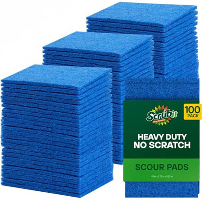 SCRUBIT Scouring Pad 100 Pack - Heavy Duty Scrub Pads for Cleaning Dishes - Non-Scratch Reusable Scrubbing - Blue (100)