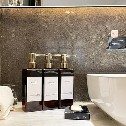 Shampoo Dispenser for Shower Wall, Shampoo and Conditioner Dispenser with 16 Waterproof Labels, No Drill Shower Soap Dispenser Bathroom, Shower Soap Dispenser Wall Mounted 3 Chamber, 17oz, Gold Amber - color: Amber Bottle + Gold Pump