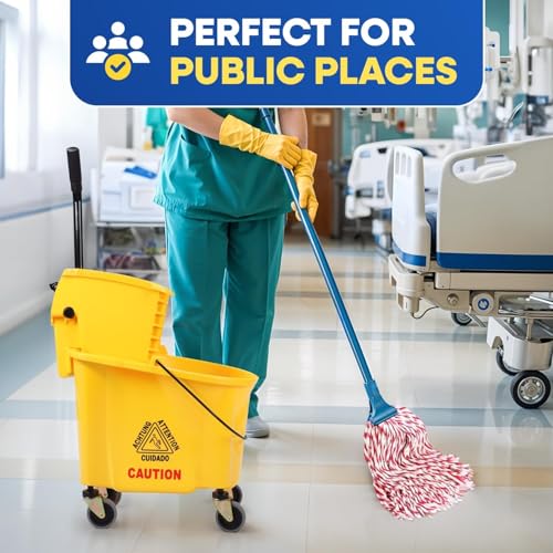 Plexon Commercial Mop Bucket with Wringer on Wheels - 26 Quart, Yellow - Heavy Duty Industrial Mop Bucket and Wringer, Side-Press Bucket with Wringer Set for Home Office Restaurant Business