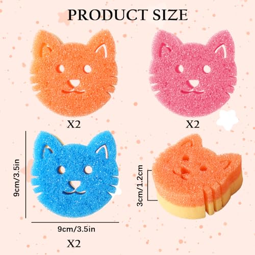 6 Pack Cute Cat Dish Sponge, Dual-Sided Cleaning Reusable Scrubbing Sponges for Dishes, Cat Kitchen Accessories Dishwashing Sponge Scrubbers Kitchen Things Car Wash Sponges Non Scratch - color: 6 Pcs Cat