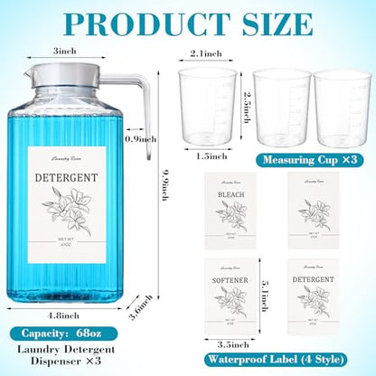Potchen 3 Pack Laundry Detergent Dispenser Set, Clear Acrylic Liquid Detergent Container with Labels & Measuring Cups, Fabric Softener Dispenser for Laundry Room Organization(68 oz) - size: 68 oz