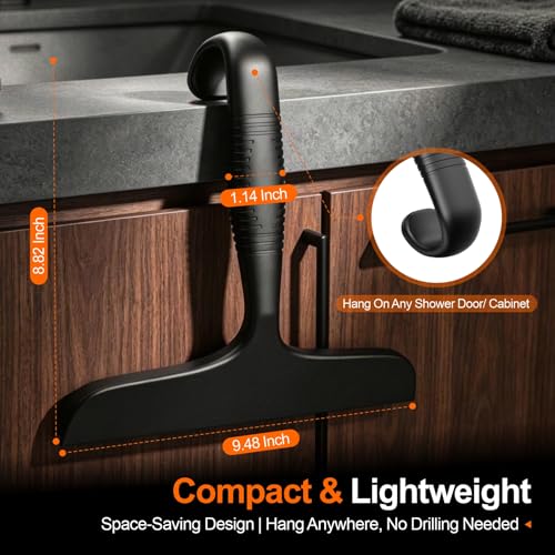 Window Squeegee for Shower Doors, Bathroom, Mirror, Black | Non-Slip Grip Handle with built-in hanging hook