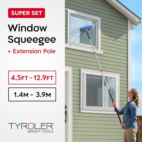 20 Feet High Reach Professional Window Squeegee with Extension Pole | 5-13ft Squeegee for Windows Cleaning | Outdoor Window Cleaner Tool, Windows Washing Kit with Extension Pole | Window Cleaning Kit - size: 12.9 feet