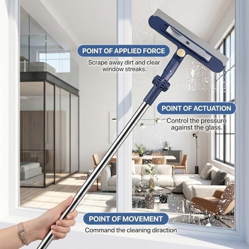 Window Squeegee with Extension Pole, Adjustable Telescopic Window Cleaner Tool with 180° Rotating Head Scrubber and Squeegee for Indoor Outdoor