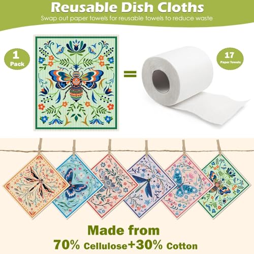 6 Packs Swedish Paper Cloths for Kitchen, Reusable Paper Towels Washable Dish Rags, Highly Absorbent Kitchen Towels Quick Drying Swedish Sponge Cleaning Dish Cloths (Insects Floral) - color: Flying Animals