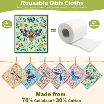 6 Packs Swedish Paper Cloths for Kitchen, Reusable Paper Towels Washable Dish Rags, Highly Absorbent Kitchen Towels Quick Drying Swedish Sponge Cleaning Dish Cloths (Insects Floral) - color: Flying Animals