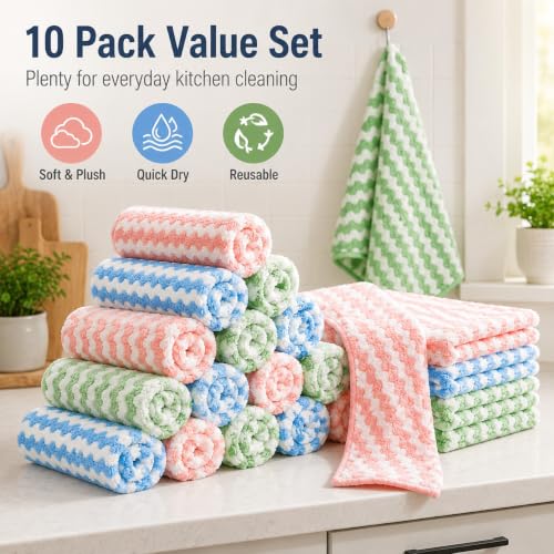 10 Pack Mircofiber Dish Cloths, Upgrade Kitchen Dish Rags, Reusable Cleaning Cloths, Kitchen Washcloths Towels, Lint Free/Absorbent/Nonstick Oil Kitchen Rags, 10''x10'' (Green) - color: Green, size: NEW 10 x 10 Inch - 10PCS