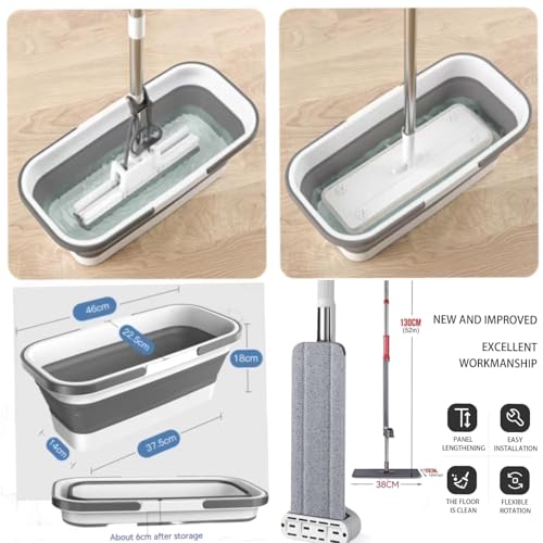 Large Flat Mop and Scalable Bucket with Wheels, 360 Rotating Microfiber Dust Mop with Dewatering Scraper, 54" Adjustable Stainless Steel (1 Mop + 6 Microfiber Pads + 1 Bucket)