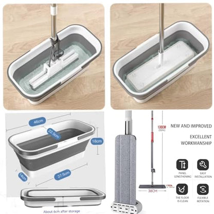Large Flat Mop and Scalable Bucket with Wheels, 360 Rotating Microfiber Dust Mop with Dewatering Scraper, 54" Adjustable Stainless Steel (1 Mop + 6 Microfiber Pads + 1 Bucket)