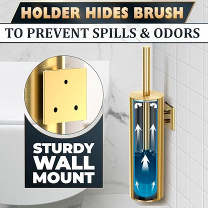 Gold Toilet Brush and Holder Set with Wall Mount - Modern Wall Mounted Toilet Brush Made from Corrosion-Resistant Stainless Steel - Removable Inner Bowl, Splash Protection & Dense Bristles Supplied - color: Gold Wall-mounted