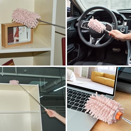 Pink Retractable Microfiber Duster for Cleaning Extendable Feather Duster Household Cleaning Tool for Cleaning Car, Office, Window, Furniture