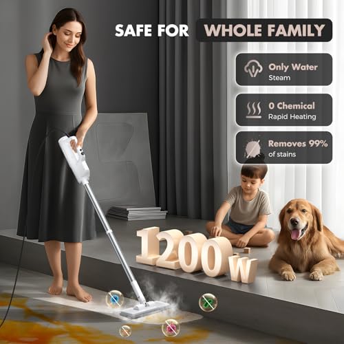 YKYI Steam Mop, Detachable 10 in 1 Multipurpose Steamer with 11 Attachments, Handheld Steam Cleaner for Home, Hardwood Floors, Laminate, Marble, Tile, Grout, Carpet, Windows Cleaning (Light White)