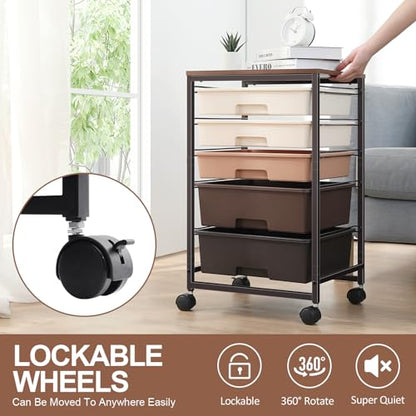 SYKIARIOL Utility Cart with 5 Drawers,Storage Drawer Cart with Wooden Tabletop and Lockable Wheels,Craft Storage Trolley Cart,5-Tier Rolling Utility Cart on Wheels,Dark Brown - color: Dark Brown