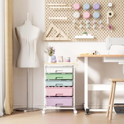 SYKIARIOL 5-Tier Rolling Utility Storage Drawer Craft Cart on Wheels with Wooden Tabletop, Mobile Craft Storage Drawer Cart Trolley for Home Office, Classroom, Craft Room & Kid Room, Ice Cream - color: Ice Cream