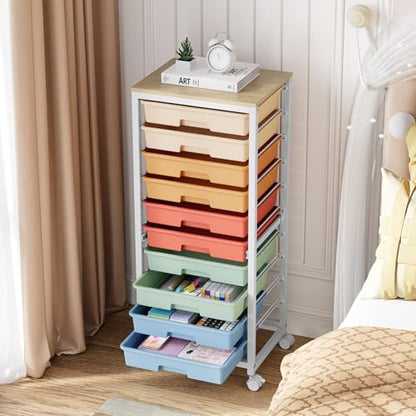 SYKIARIOL Rolling Cart with Drawers,10 Drawer Rolling Cart,Storage Cart with Wheels,Utility Cart with Drawers,Teacher Cart for Classroom Storage,Craft Cart with Wheels and Wooden Tabletop,Rainbow - color: rainbow