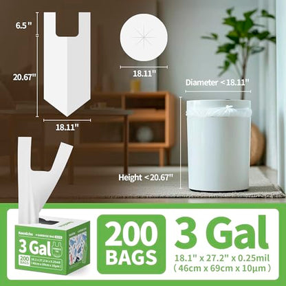 Small Trash Bags with Handles - Ocean Plastic Upcycling - Plastic Garbage Bags, Can Bin & Waste Basket Liner for Kitchen, Bathroom, Office and Pets,3 Gallon 200 Count White - color: 3Gal White, size: 1 DISPENSER BOX