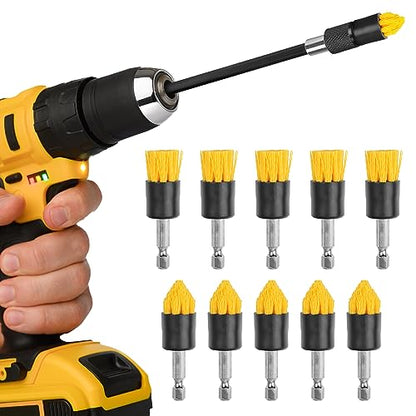 Impresa Drill Brush Attachment Set - Pack of 10, 5 Tapered & 5 Flat, 6 in Extender - Rotary Grout Cleaning Brushes - Crevice Reach with Drill Extender Attachment - Home & Auto Detailing Scrub Heads