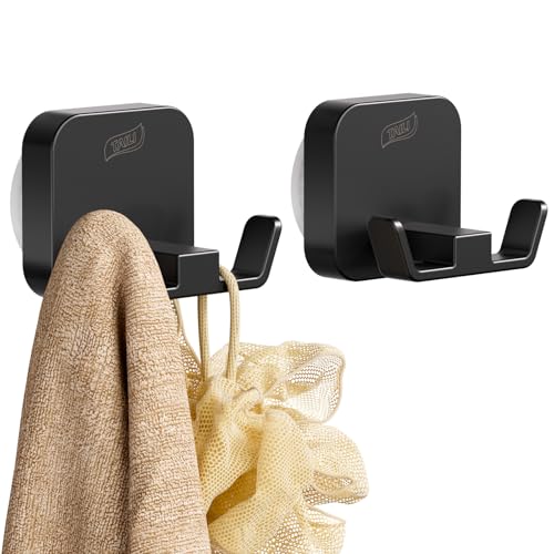 TAILI Patented Strong Suction Cup Hook, 304 Stainless Steel Bathroom Suction Cup Holder for Towel, Loofah, Bathrobe, Damage-Free Hanging Shower Wall Hook, Double-Hook Widening Design, 2 Pack, Black - color: Wide Double-Hook, Black