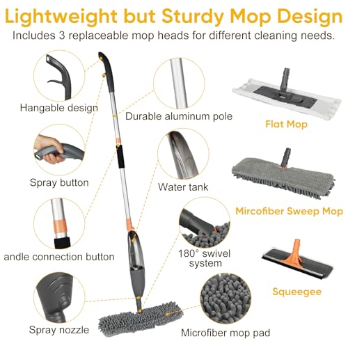 3-in-1 Upgraded Spray Mops for Floor & Window Cleaning with 3pcs Pads - Broom/ Mop/ Window Squeegee, Wet Dry Microfiber Mop with 520ml Bottle for Kitchen Wood Floor Hardwood Ceramic Tile Dust Cleaning