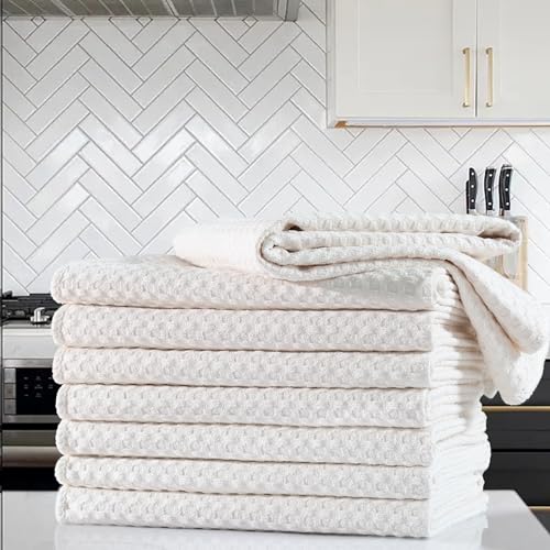 POLYTE Ultra Premium Microfiber Kitchen Dish Hand Towel Waffle Weave, 8 Pack (16x28 in, Off White) - color: Off White, size: 16x28 in