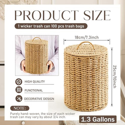 Ctosree 1.3 Gallons Small Trash Can with Lid Handle Boho Woven Braided Bathroom Waste Basket Trash Can with 100 Garbage Bags for Bedroom Office Laundry(Braided Paper Rope, Primary Color) - color: Black, style: Round