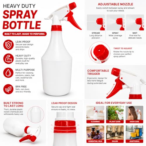 Plastic Spray Bottle, 2 Pack, 32 Oz with Adjustable Nozzle, Heavy Duty Leak Proof Mist Empty Water Bottle Sprayer for Cleaning, Chemicals, Hair, Planting & All-Purpose Use - (Red) - color: Red
