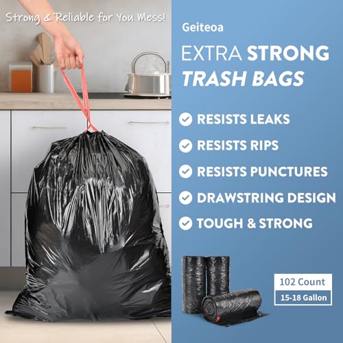 15-18 Gallon Black Trash Bags with Drawstring, 102 Count | Fit 16, 17 Gal High Density Large Garbage Bags, Strong Plastic Trash Can Liners for Kitchen Lawn Commercial - style: 15-18 Gallon (102 Count, Black)