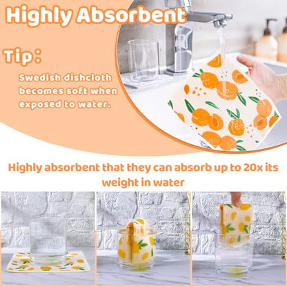 Needbrock 6 Pack Fruit Swedish Dishcloths for Kitchen,Swedish Rags Dish Towels with Clips, Reusable Paper Towels Washable Absorbent Cellulose Sponge Cloths for Countertop Dishes Cleaning - color: Fruit Pattern