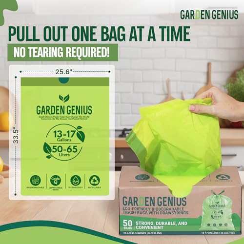 Biodegradable 13-17 Gallon Code-Q Trash Bags (50 Pack) | Strong Heavy-Duty Tall Green Kitchen Bags w/ Drawstring | Fits Simplehuman & Standard Cans | Eco-Friendly D2W, 30 Micron Thick | 25.6" x 33.5" - style: Code-Q