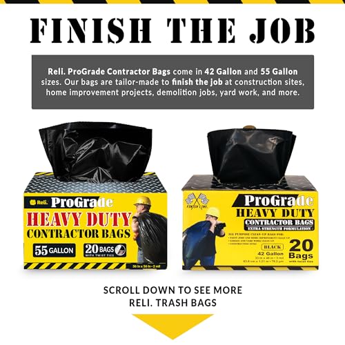Reli. Contractor Garbage Bags 55 Gallon | 40 Trash Bags | Heavy Duty | Black Contractor