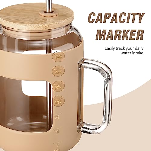 WINSA 50 oz Glass Water Bottles with Silicone Sleeve,Glass Tumbler with Lid and Straw,Iced Coffee Cup with Handle,BPA Free-Amber - color: Amber