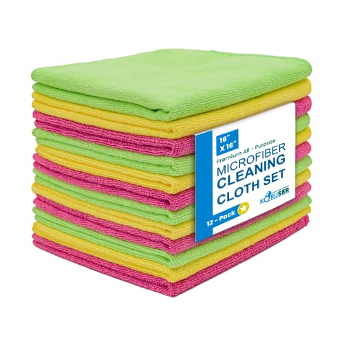 Microfiber Cleaning Cloths - Reusable and Washable - Multi Purpose Indoor/Outdoor Cleaning/Dusting/Polishing on Kitchen/Bathroom/Auto Surfaces (12 Pack/High Grammage)