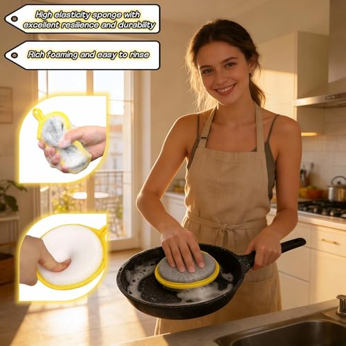 Double Sided Kitchen Sponges for Dishes, Round Scrubbing Pads with Steel Wire Nylon and High Elasticity Sponge, Non Scratch Cleaning Pads with Hanging Loop for Dishes, Pots, Sinks & Bathroom