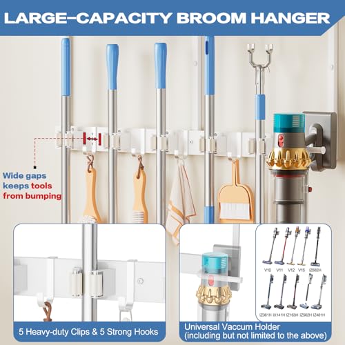 Broom Holder Wall Mount with Cleaning Supplies Organizer, Laundry Room Organization and Storage Shelf with Mop Hanger Rack Gripper Hooks, Utility Shelf Closet Organizer Floating Shelves for Garage - size: Large