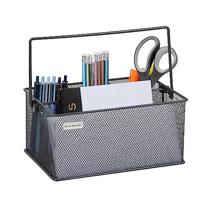 Mind Reader Multi-purpose Storage Caddy with Handle, Desktop Organizer, Cutlery Holder, 4 Compartments, Metal Mesh, Gray - color: Gray