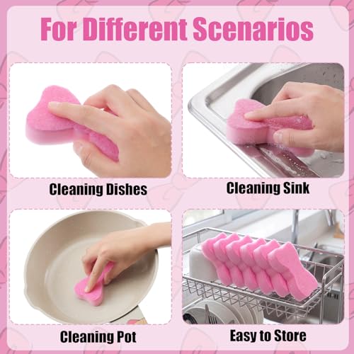 Tioncy 12 Pack Pink Bow Sponges Bulk Preppy Dual Sided Scrubber Cute Pink Bow Sponges Reuseble Non Scratch Dishwashing Kitchen Cleaning Accessories for Cookware Pot Boiler Pan Household - style: Cute Bow