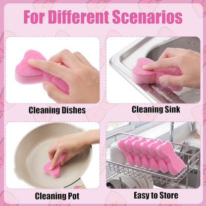 Tioncy 12 Pack Pink Bow Sponges Bulk Preppy Dual Sided Scrubber Cute Pink Bow Sponges Reuseble Non Scratch Dishwashing Kitchen Cleaning Accessories for Cookware Pot Boiler Pan Household - style: Cute Bow
