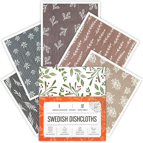 Swedish Dishcloths for Kitchen, 5 Pack Reusable Paper Towels Washable, Super Absorbent Swedish Dish Cloths, Non-Scratch, Biodegradable - color: 5 Count- Leaf